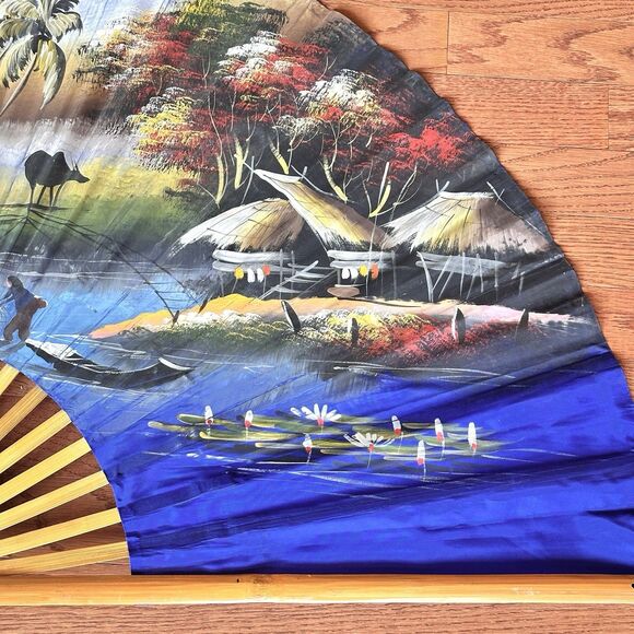 60 x 35 VTG Large Asian Fan Hanging Wall Décor HandPainted Village Mountain Lake - Picture 3 of 13